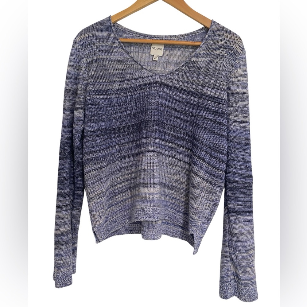 Nic + Zoe Hazy Shades linen blend V-neck sweater in purple multi-color ombre